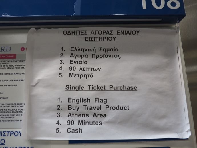 アテネ地下鉄の切符購入方法の説明書き