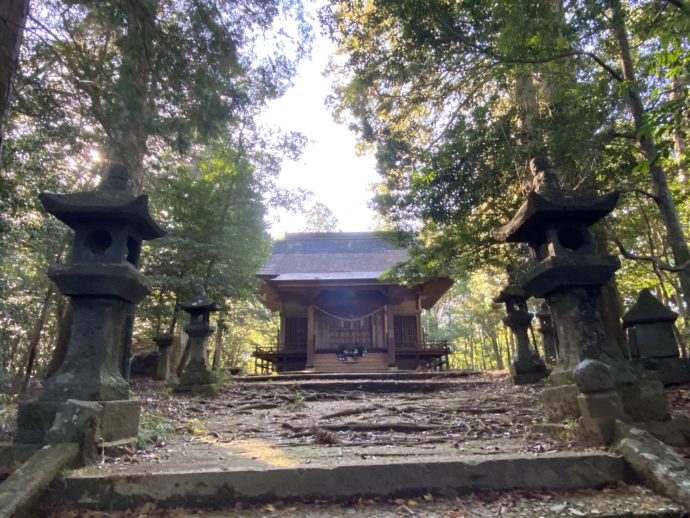 向山神社の石階段と灯篭