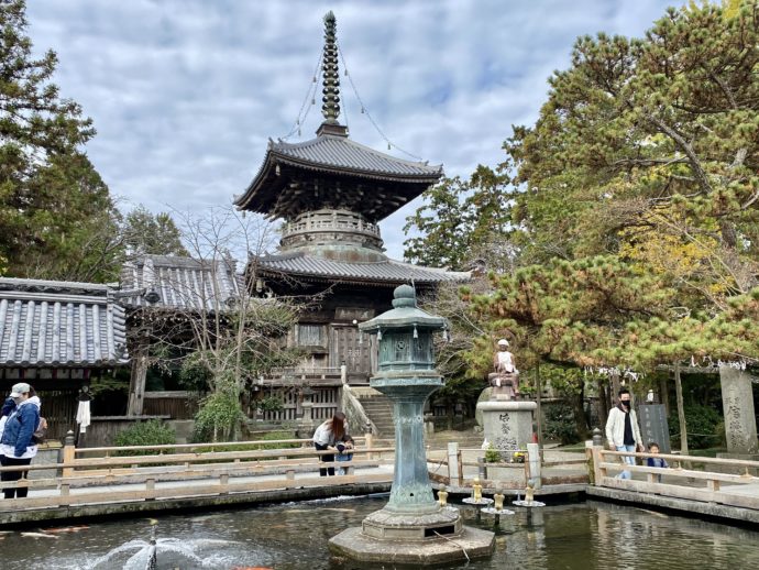 霊山寺の多宝塔と池
