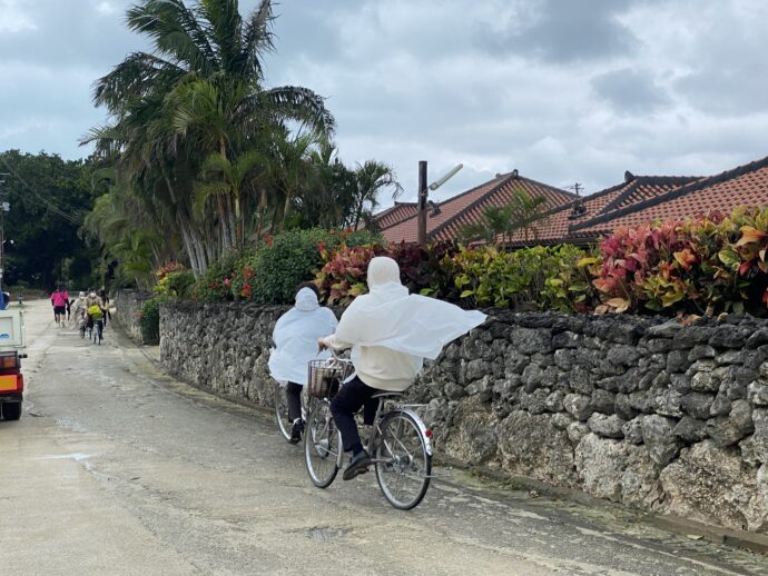 竹富島の石垣の道を自転車で走るひと