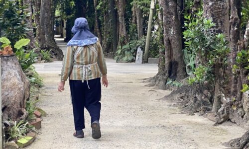 備瀬のフクギ並木を歩く女性
