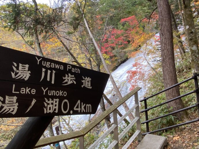 紅葉の奥に見える湯滝