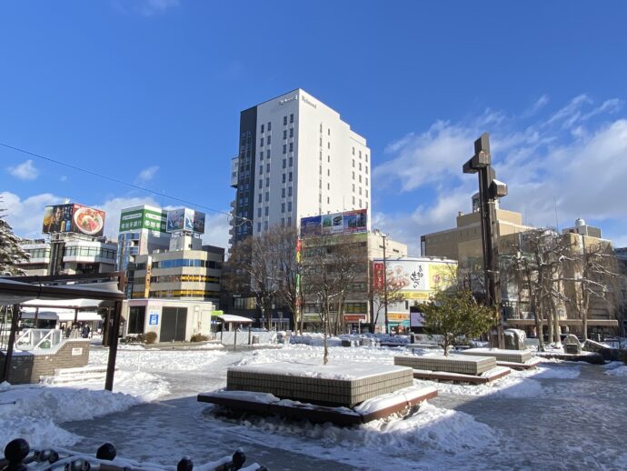 雪の盛岡駅前