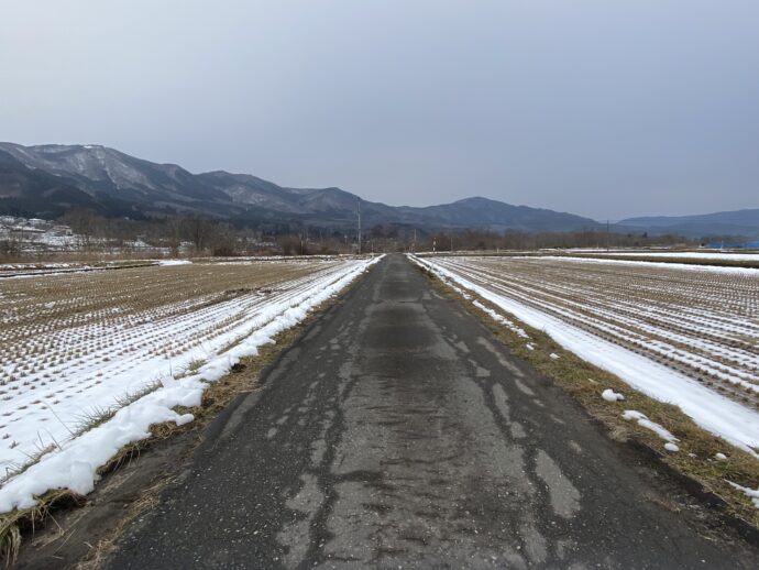 雪の遠野の田んぼ道