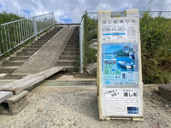 玄武洞への堤防への道と看板