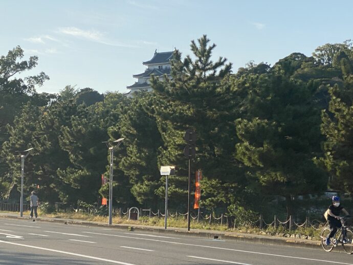 道路の奥に見える天守閣