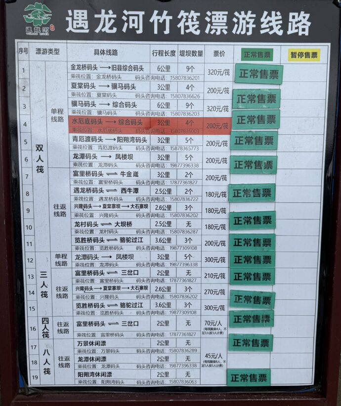 遇龙河竹筏料金表